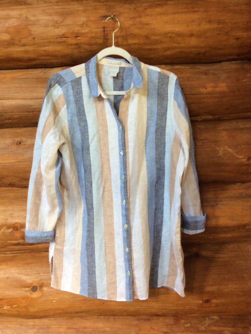 Chico's Linen Striped Classic Modern Chic Coastal Tunic Shirt Size 2 US Large